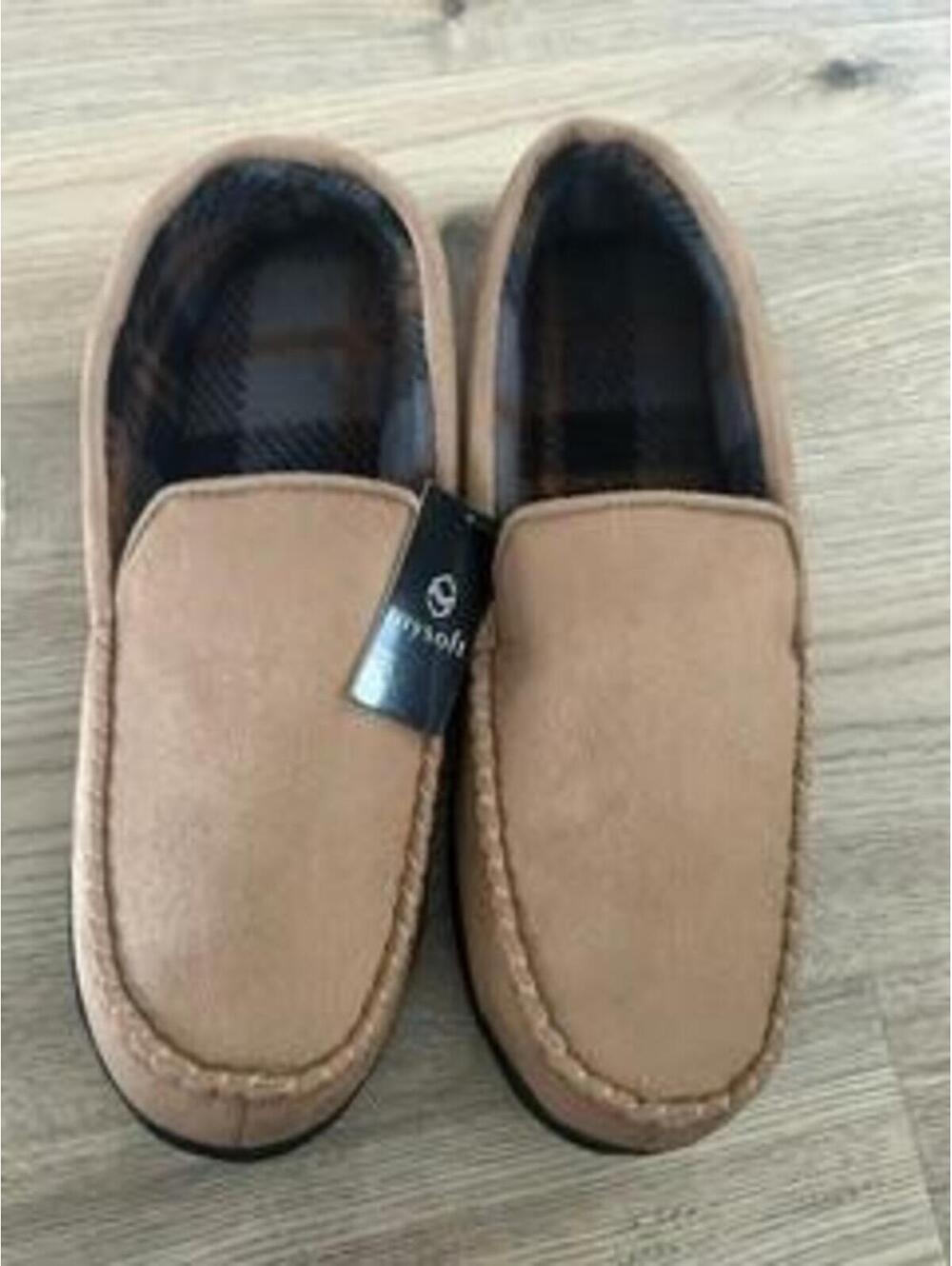 Mysoft Mens Moccasin Slippers Tan Faux Suede Plaid Lined House Shoes Size 13